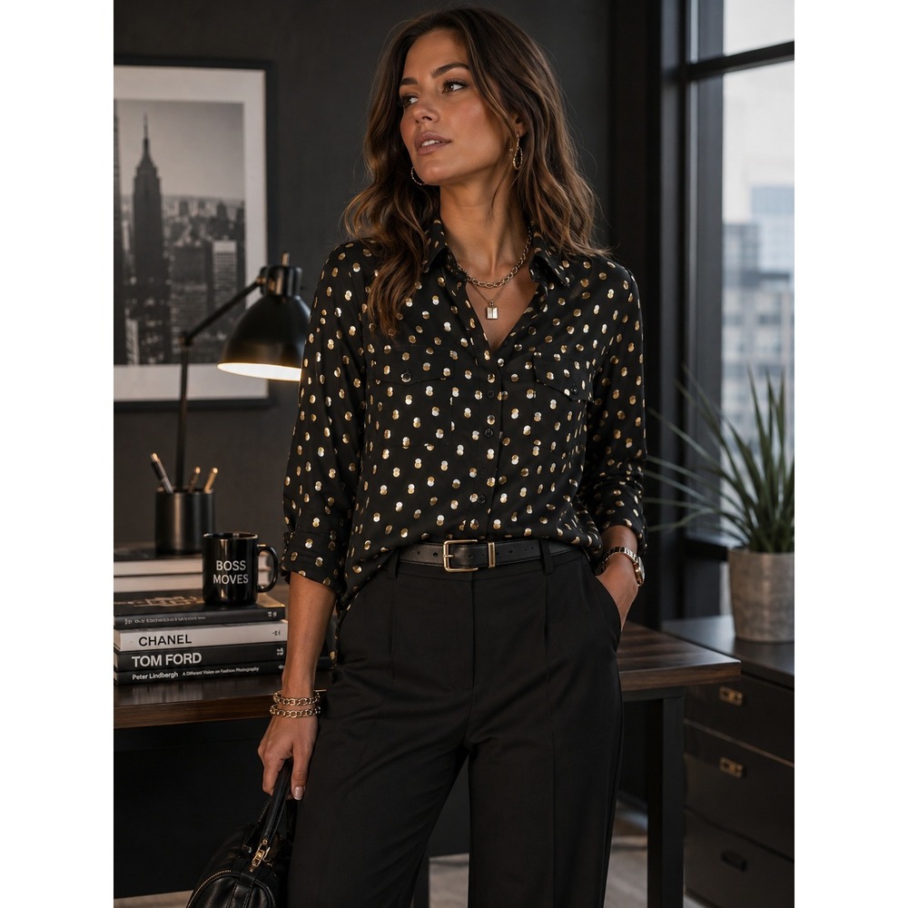Who What Wear Womens Black Gold Metallic Polka Dot Button Down Shirt Size M